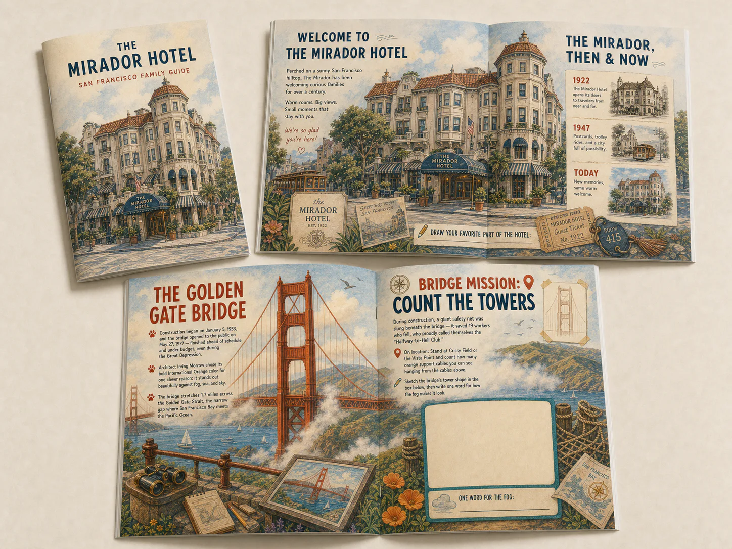 A Mirador Hotel guide with illustrated hotel-history and Golden Gate Bridge activity spreads