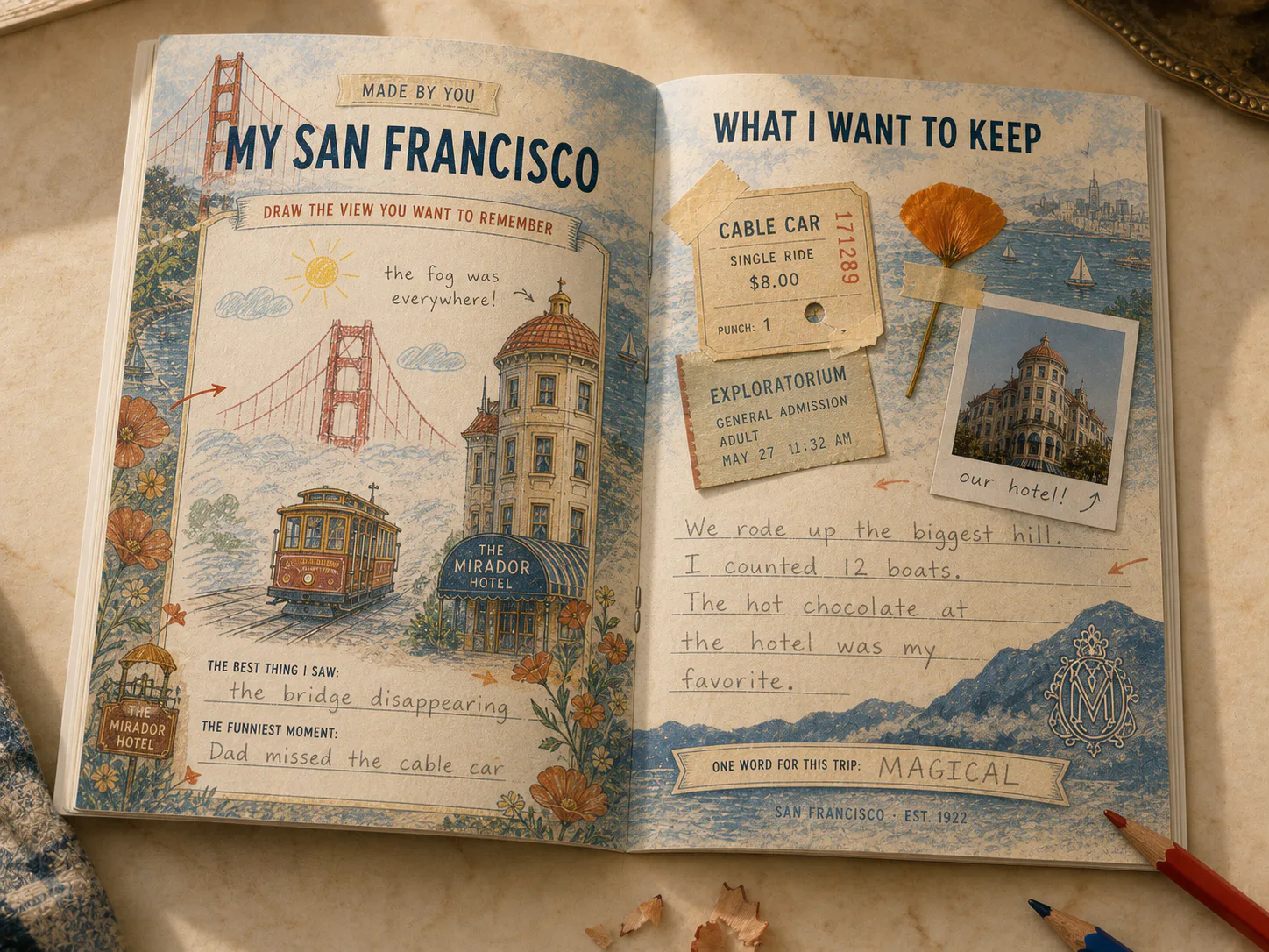 Completed San Francisco keepsake spread with a child drawing, handwritten memories, taped tickets and the Mirador Hotel identity