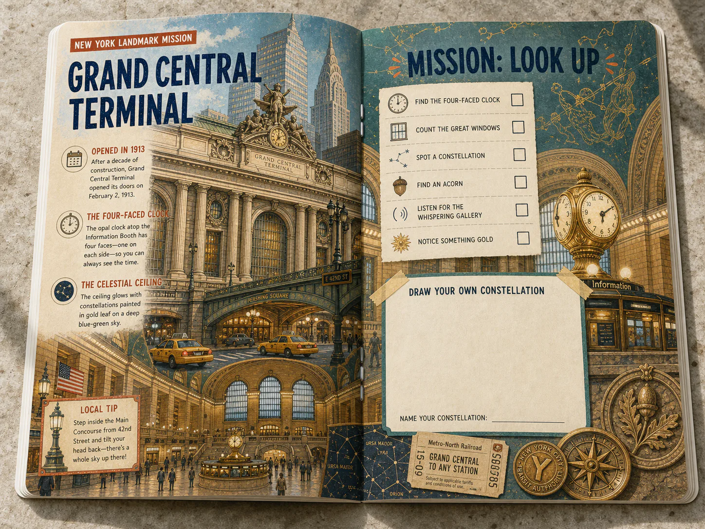 Grand Central Terminal landmark mission with observation prompts and a constellation drawing box