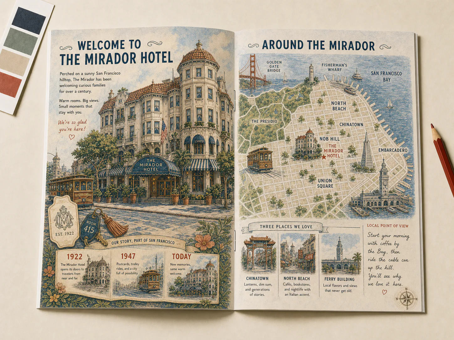 The Mirador Hotel identity, history and San Francisco neighborhood map integrated into one guide